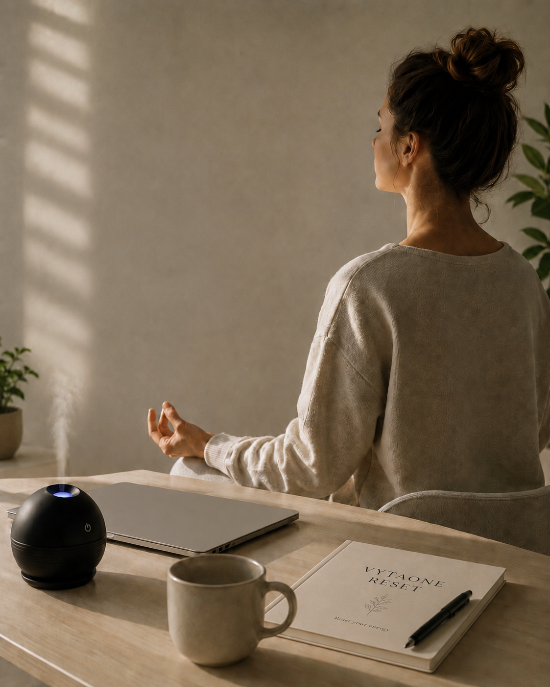 Espacio wellness minimalista enfocado en calma mental y recuperación de energía
