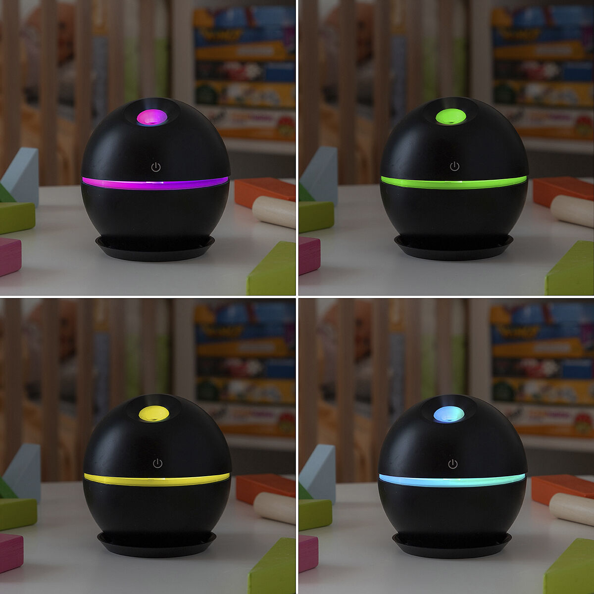 Difusor de aroma ultrasónico con iluminación LED multicolor para relajación y bienestar en escritorio o dormitorio.