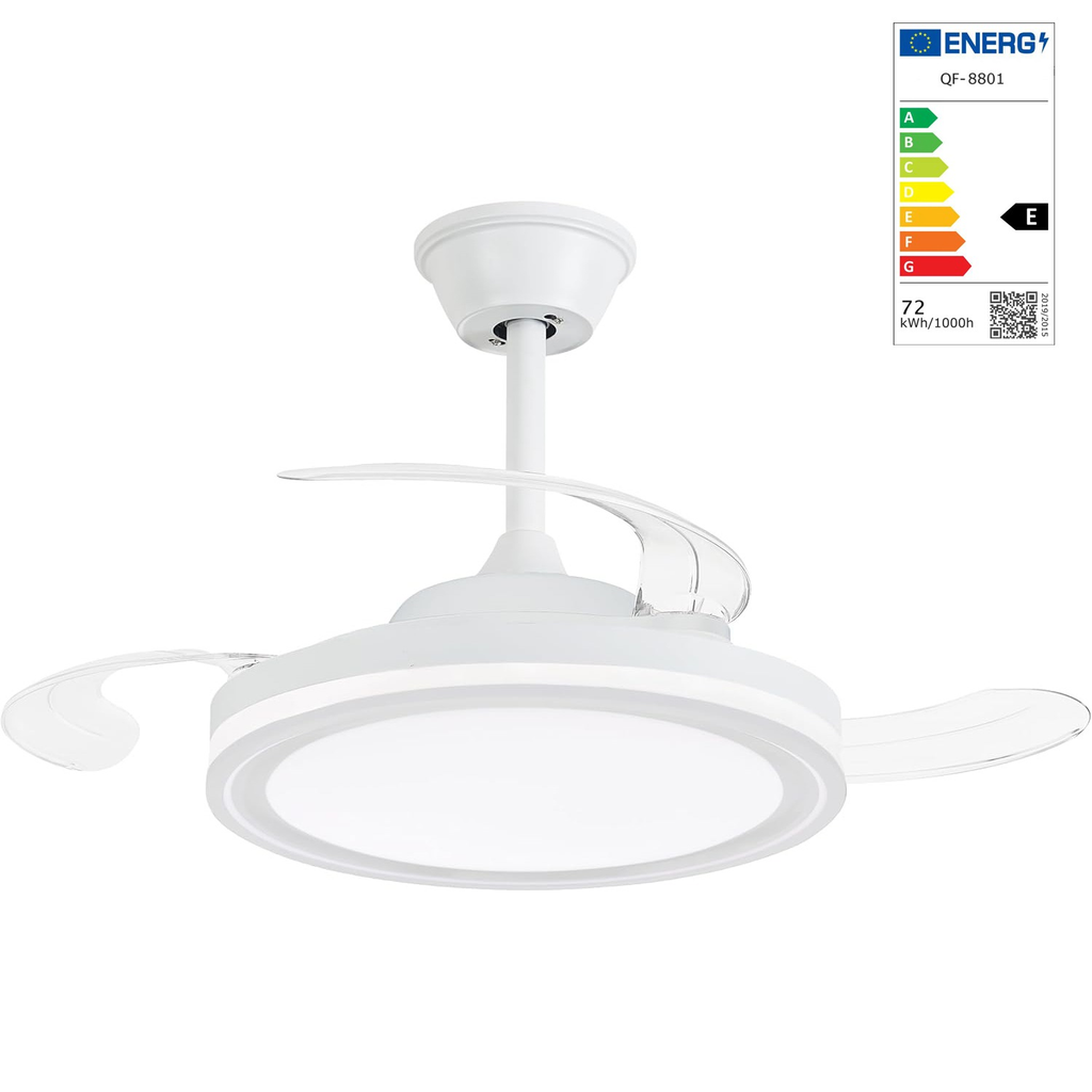 Ventilador retráctil de techo con aspas transparentes y luz LED