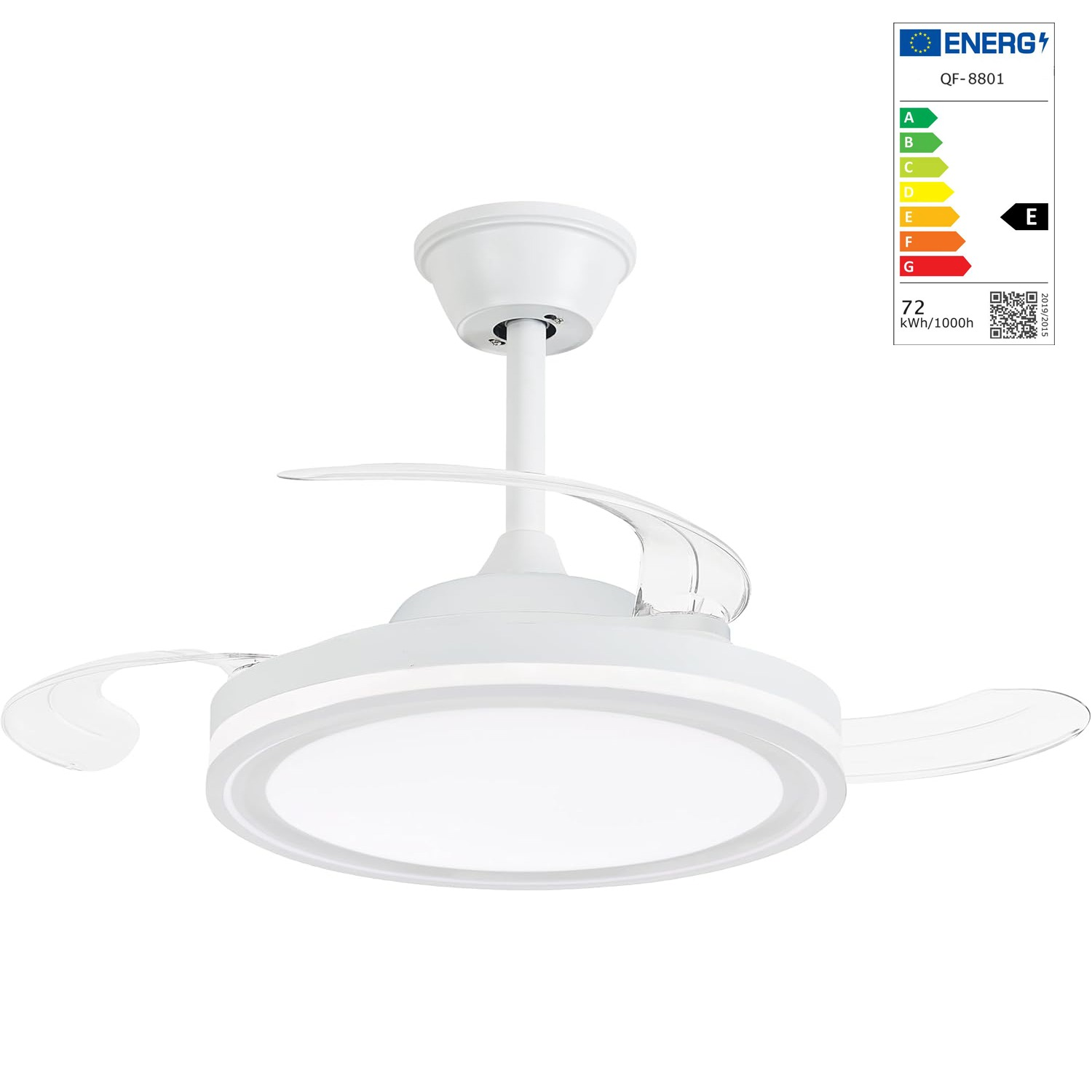 Ventilador retráctil de techo con aspas transparentes y luz LED